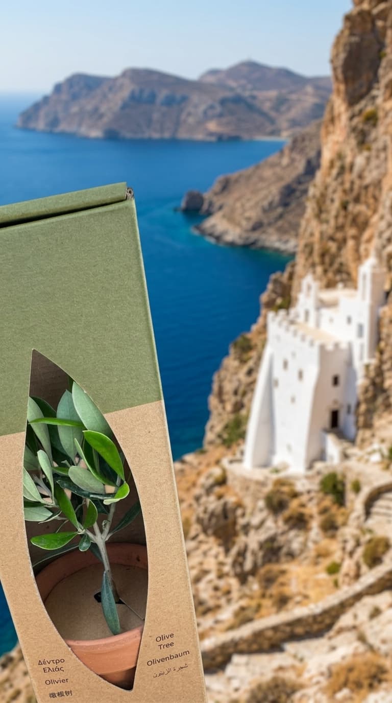 PlantBox olive tree gift box with Amorgos Hozoviotissa monastery cliff landscape