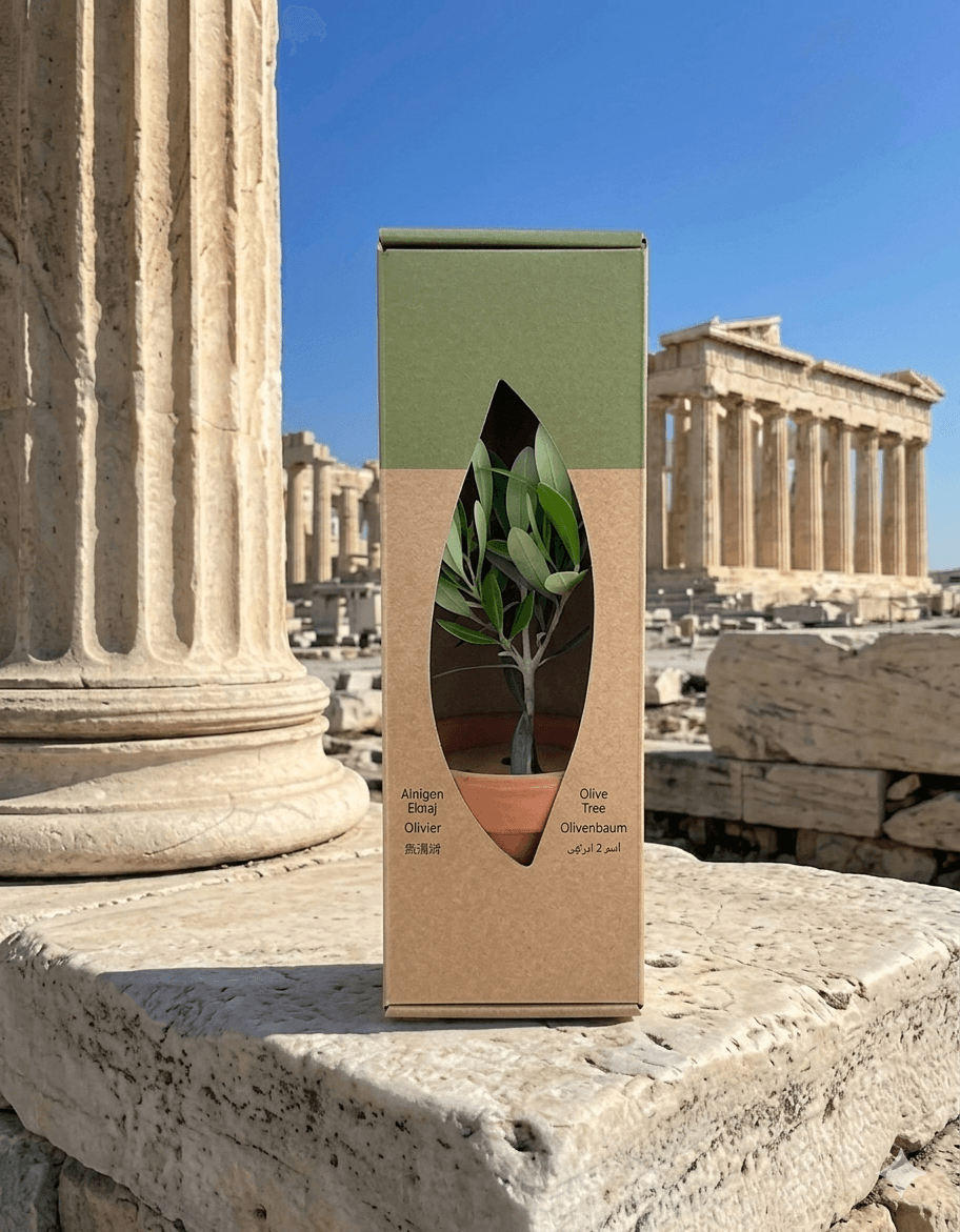 PlantBox olive tree gift box on ancient marble steps with the Acropolis and Parthenon behind