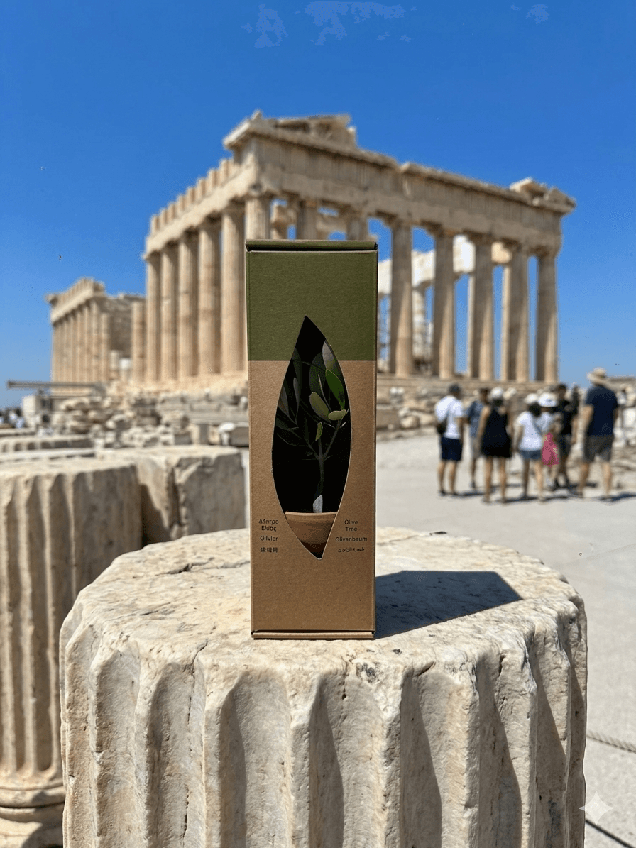 PlantBox olive tree souvenir gift box on a stone capital in front of the Parthenon, Athens