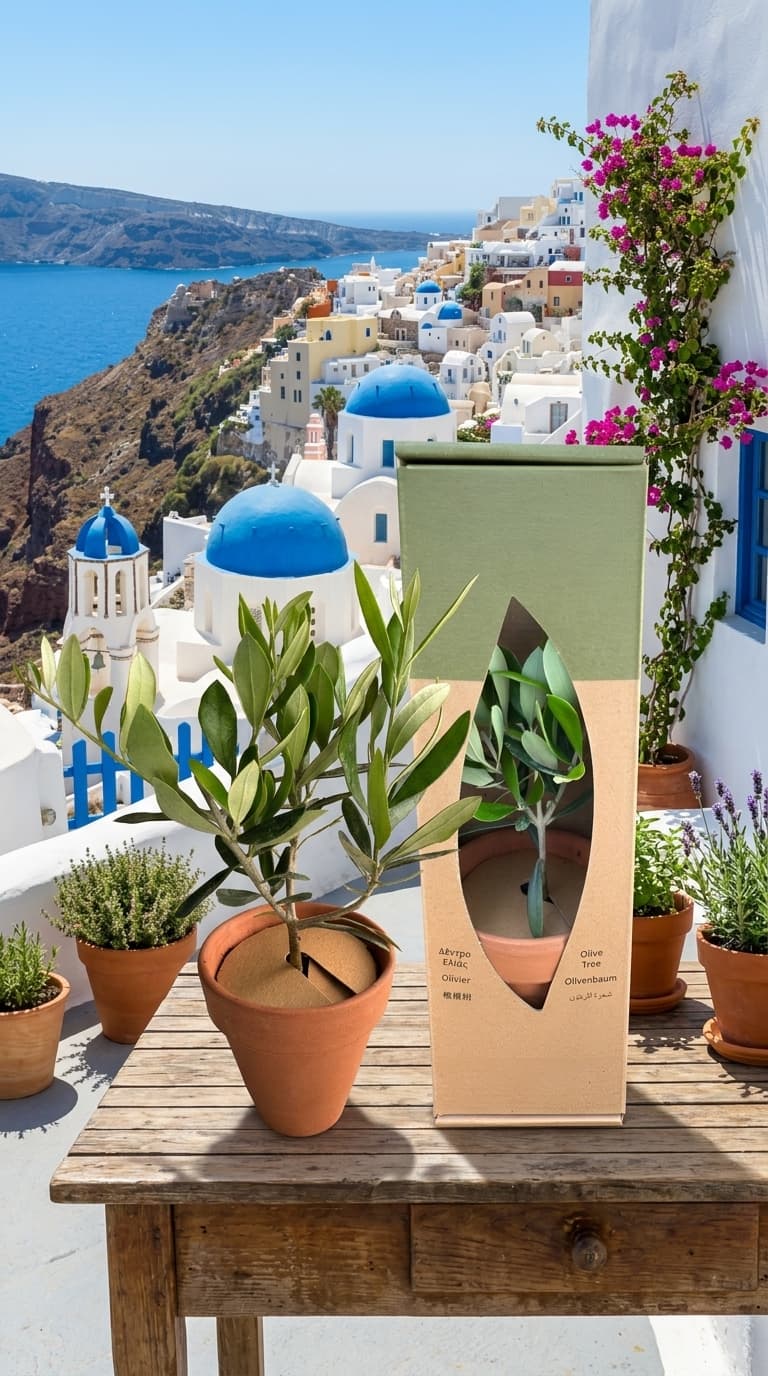 PlantBox gift box and terracotta pot with baby olive tree in front of Santorini