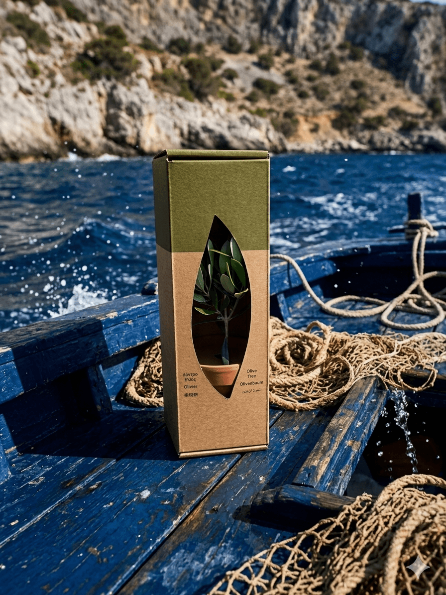 PlantBox olive tree souvenir gift box on a weathered blue Greek fishing boat with nets