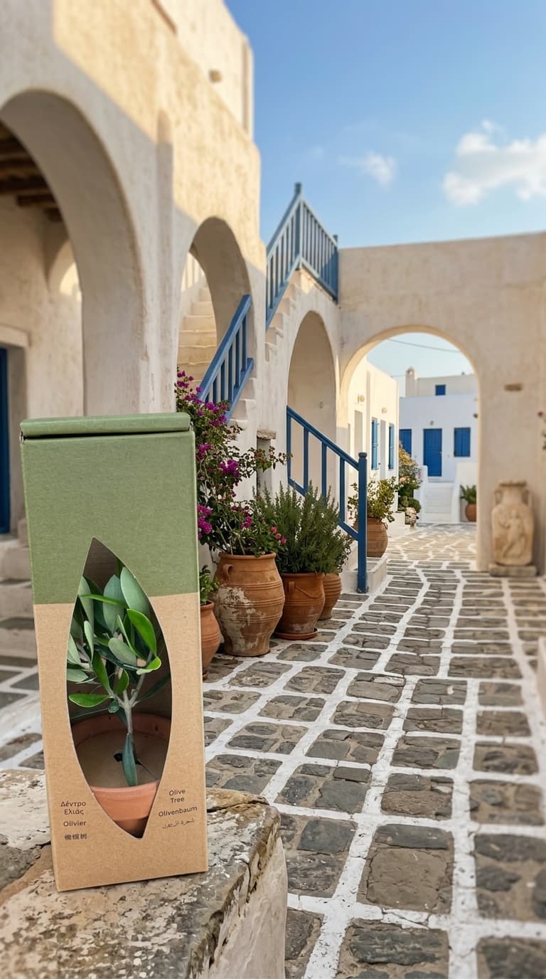 PlantBox olive tree gift box in a traditional Greek island cobblestone alleyway with bougainvillea