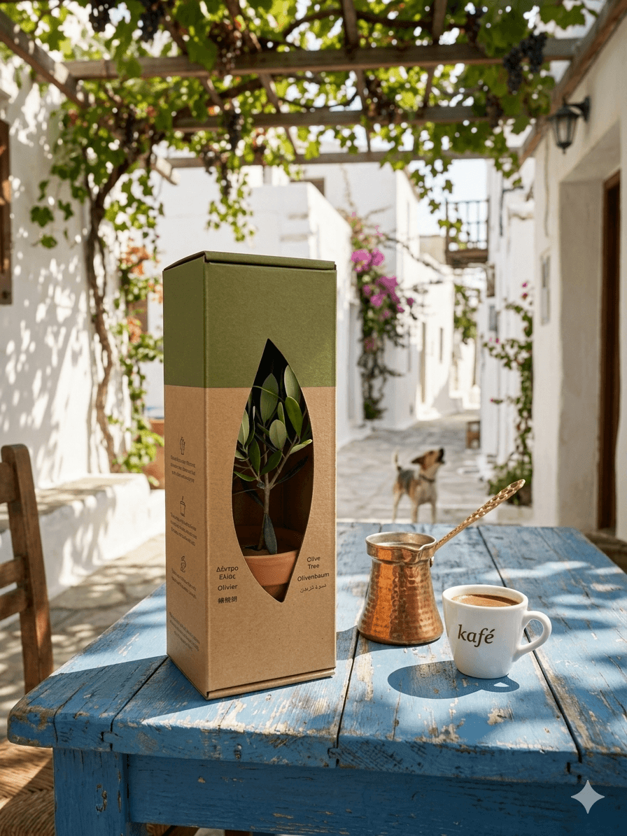 PlantBox olive tree gift box on a blue wooden table at a traditional Greek kafeneion with Greek coffee