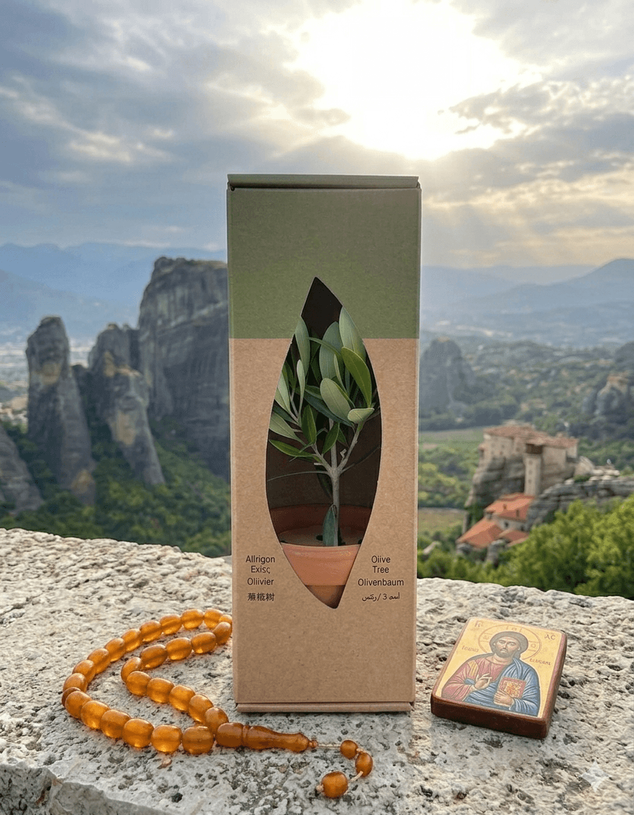PlantBox olive tree souvenir gift box with Meteora monasteries and prayer beads at golden hour