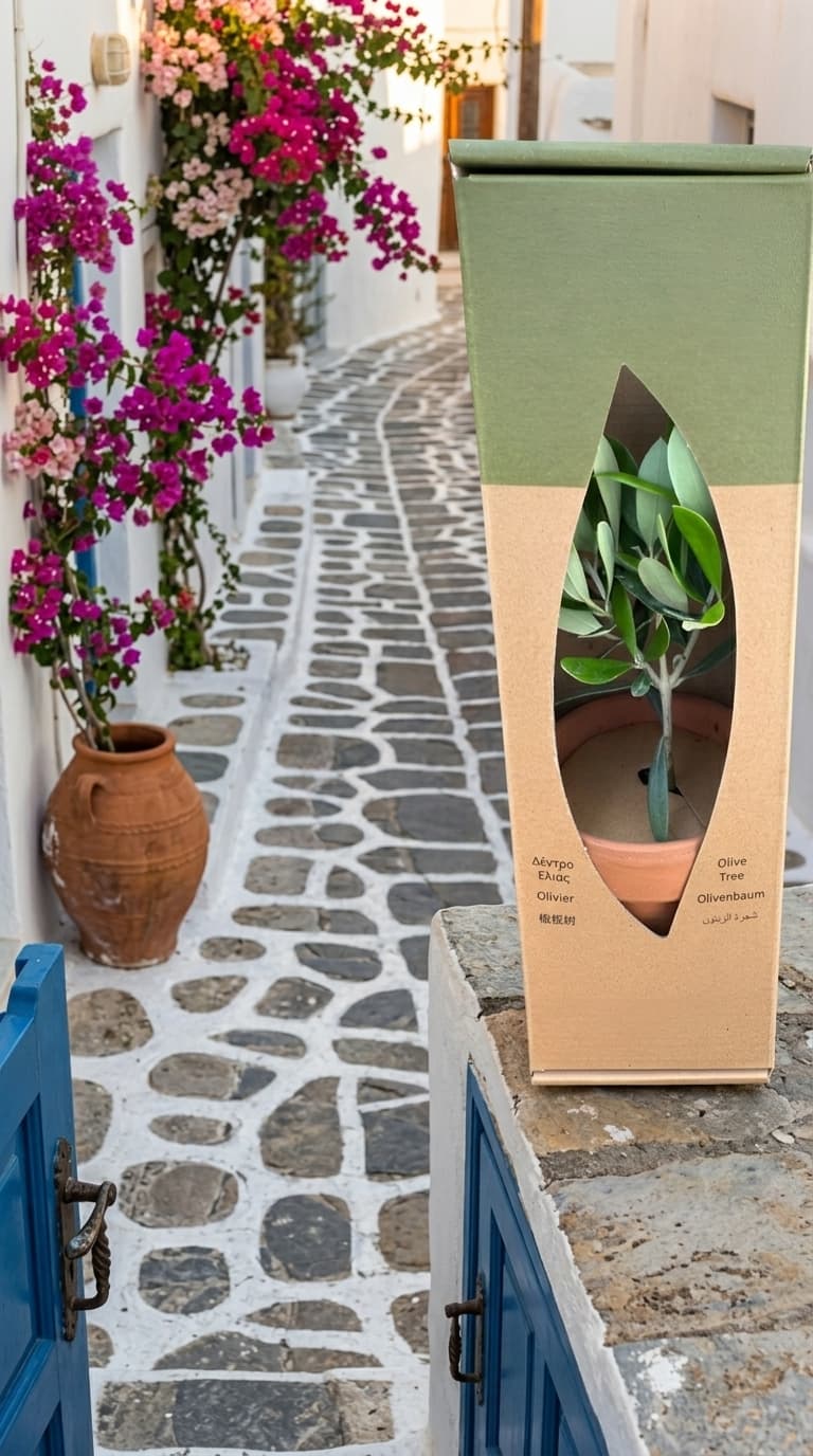 PlantBox olive tree gift box in a Mykonos alley with vibrant bougainvillea flowers