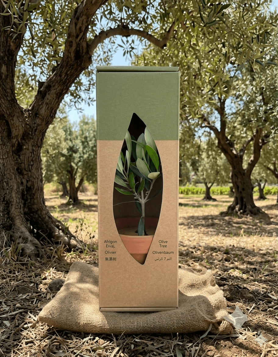 PlantBox olive tree gift box standing in a traditional Greek olive grove on a burlap sack