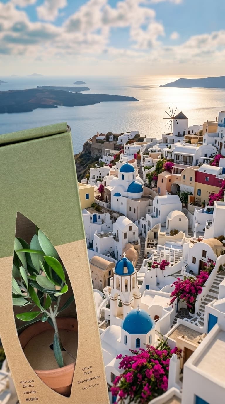 PlantBox olive tree souvenir gift box with Santorini panorama and blue dome churches at sunset