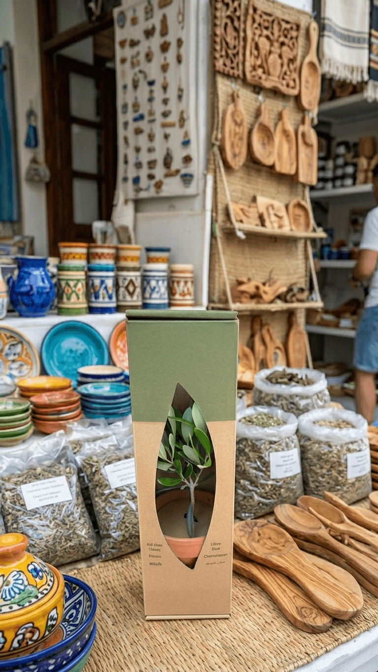 PlantBox olive tree souvenir displayed in a Greek souvenir shop alongside local crafts and herbs